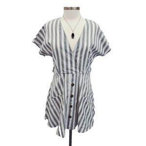 NWT Jeuvre Gray White Striped Pocket Dress Womens Size L V-Neck Short Sleeve